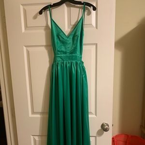Green long v cut open back prom dress